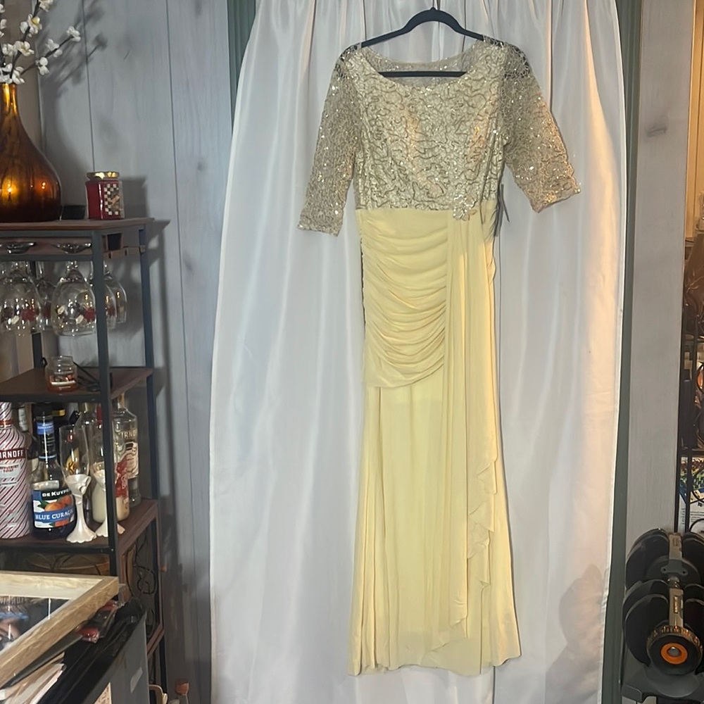 New with tags evening gown, cream and champagne gold